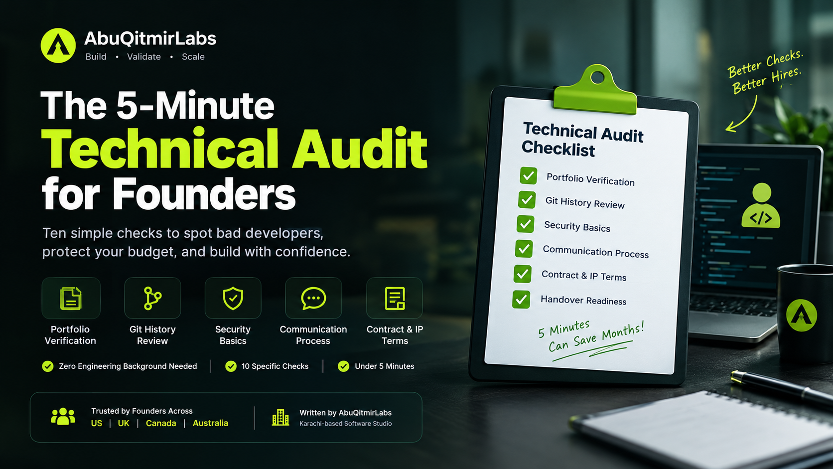 Five-minute technical audit checklist infographic showing ten verification steps a founder can run before hiring a developer, with timer icon and red flag and green flag indicators