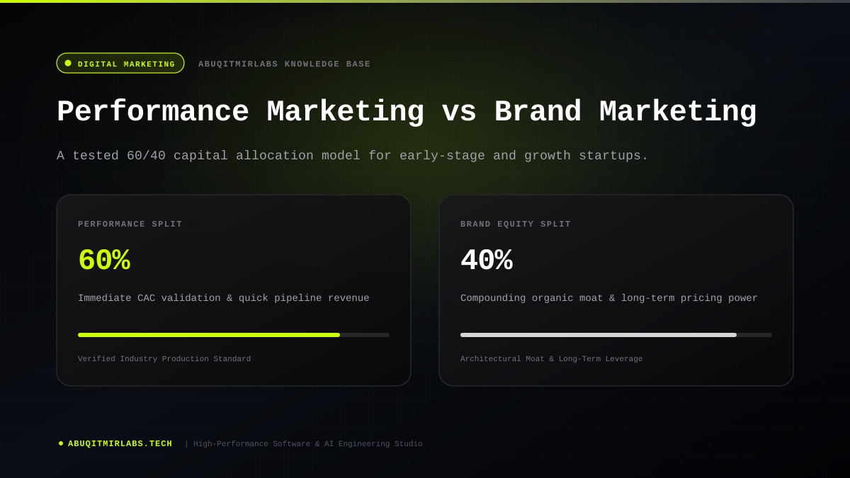 Performance marketing vs brand marketing budget allocation framework showing 60/40 split for startups